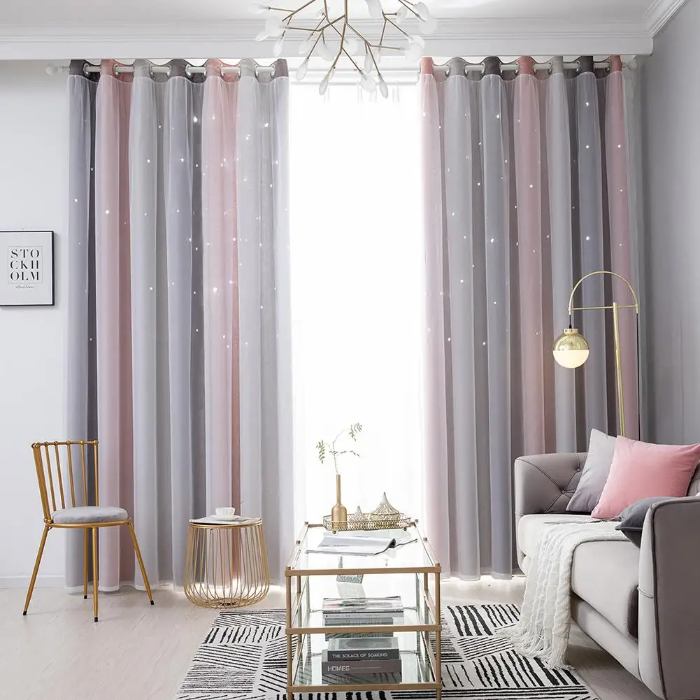 

100x250CM Romantic Rainbow Color Sheer Curtain Girl Kids Bedroom Full Blackout Window Drapes Hollow Star Curtain Home Decor