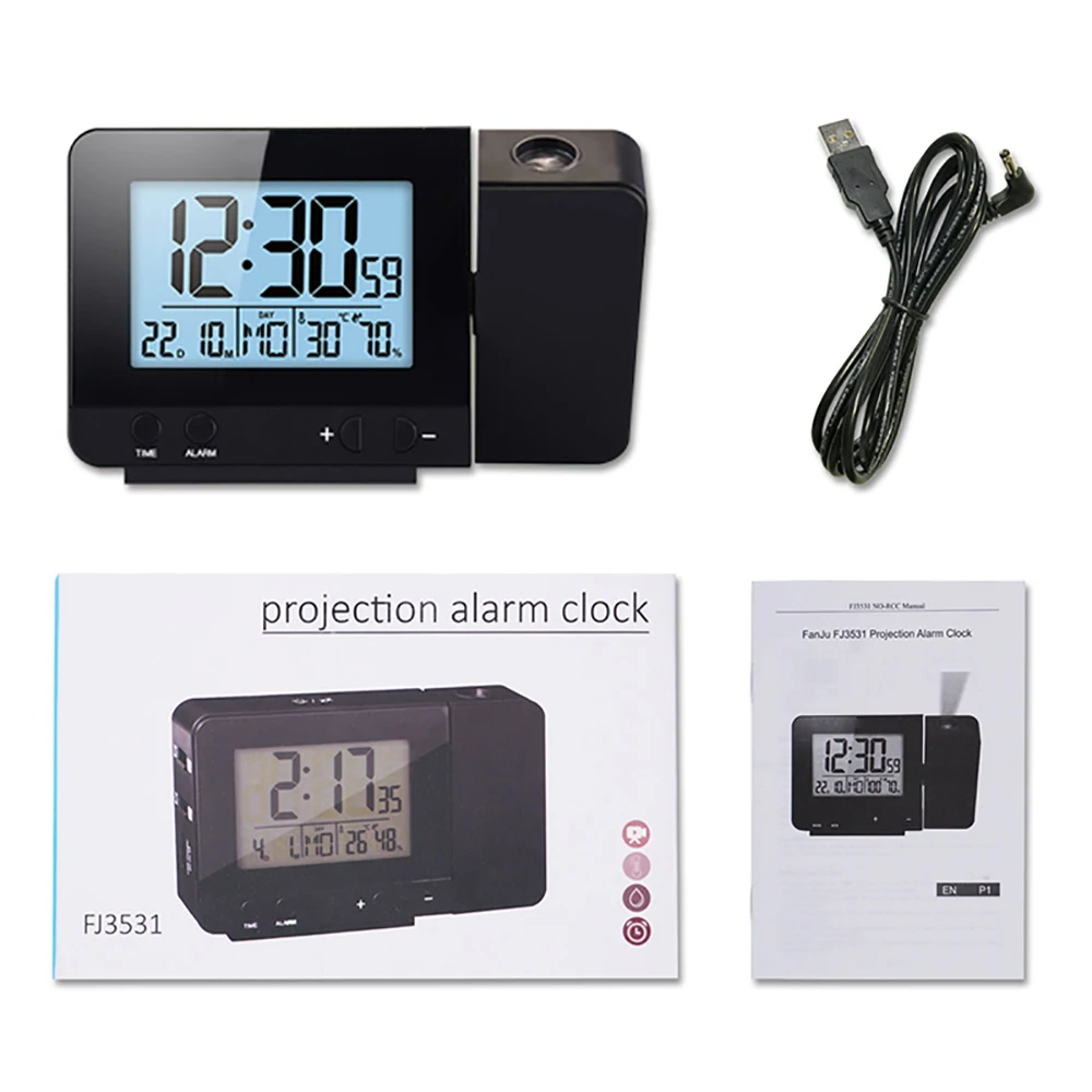 

Digital LED Projection LCD Display Alarm Clock Time Temperature Humidity Date Display Rotatable Projector Snooze Function Clock