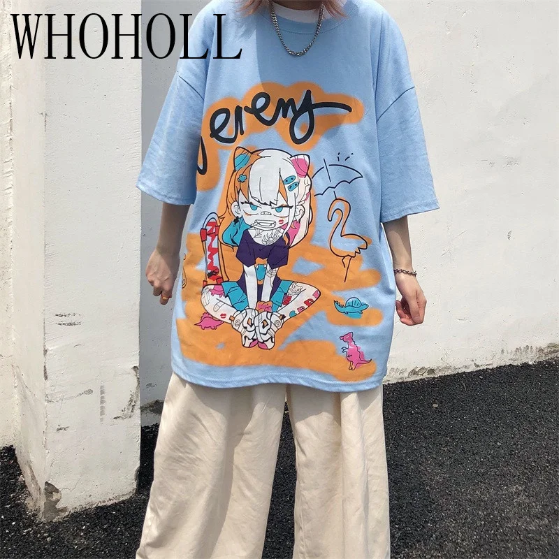 

T-shirt Women 2021 Summer Cartoon Love Girl Graffiti Hip Hop Tshirts Street Punk Loose O-neck Student Short Half Sleeve Top