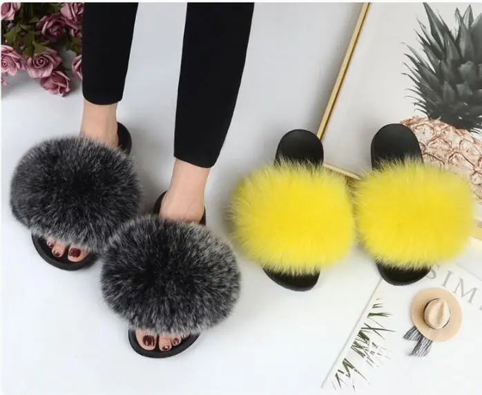 

Women's Real Fox Fur Slipper Furry Summer Beach Slipper Beach Sandals Flip Flop Slides Flats Female Outdoor Shoes Fluffy