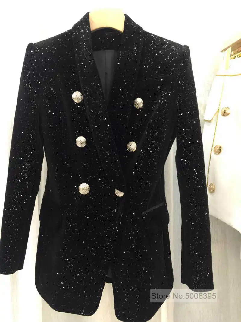 

TOP QUALITY Black Star Night sky Sequin Double Breasted Velvet Blazer Shawl Lapels Silver Embossed Buttons Flap Pockets