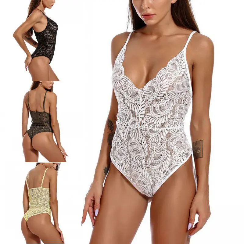

Women Sexy Sleepwear Temptation Lace Onesies for Adults Stitching Mesh Pajamas Deep V Piece Underwear Adjustable Bodysuit