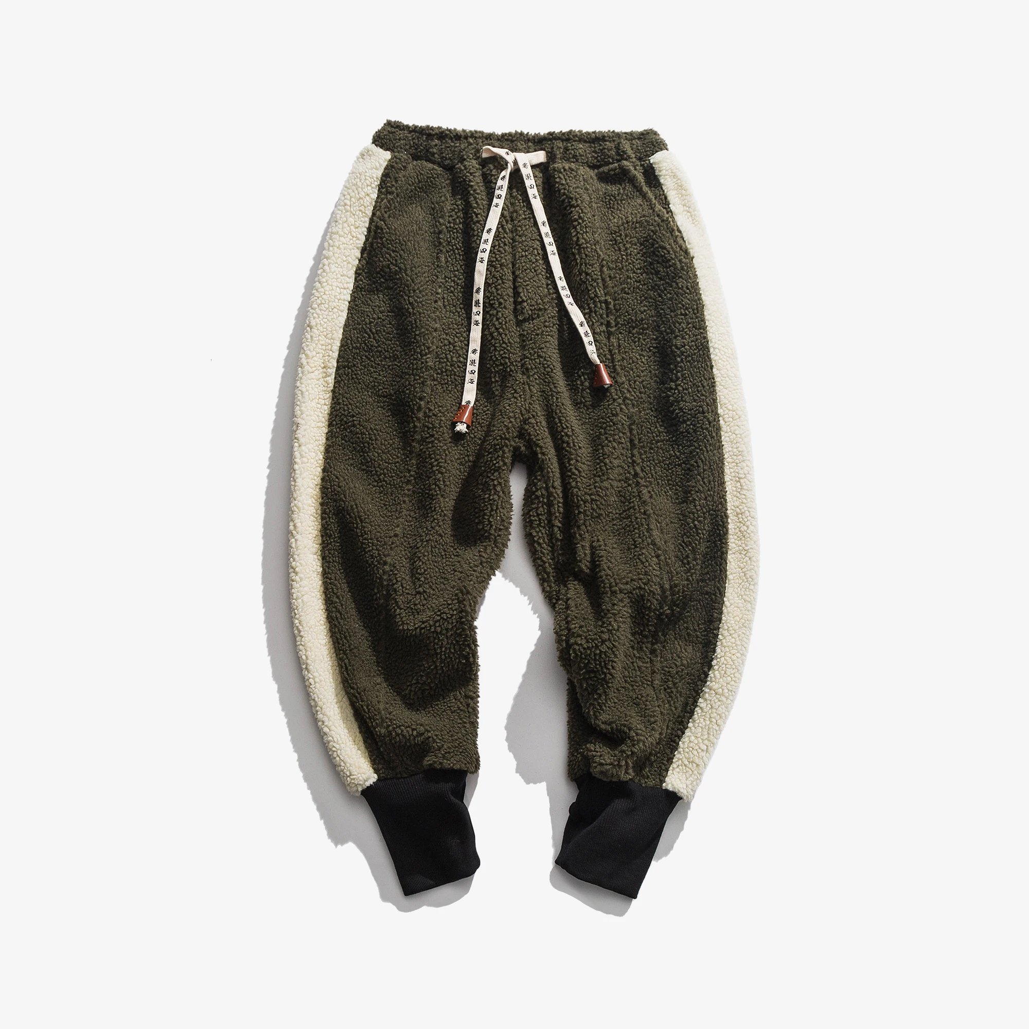 Army green Зимние Бархатные толстые брюки мужские теплые модные контрастные цвета повседневные брюки на шнурке мужские уличные штаны из овечьей шерсти M-5XL - Цвет: Army green