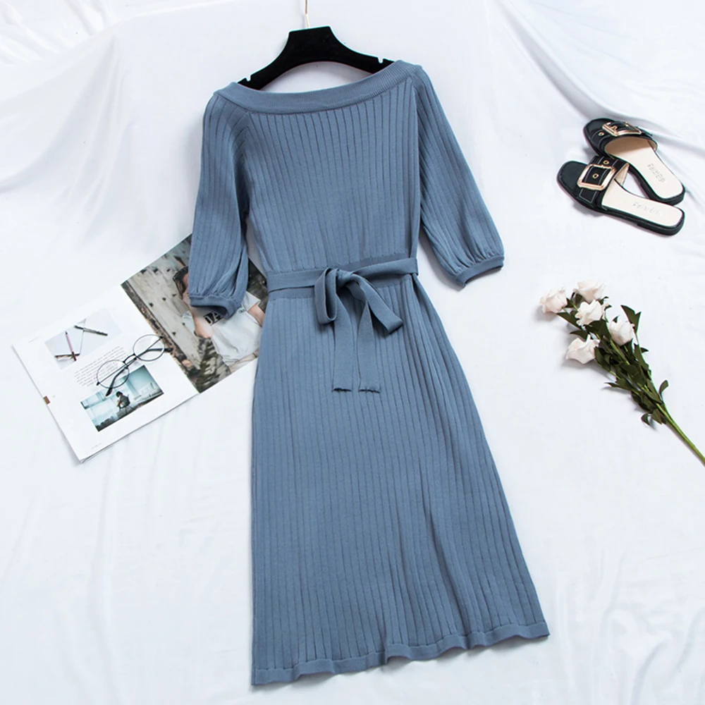 Женское вязаное милое платье средней длины элегантное корейское модное