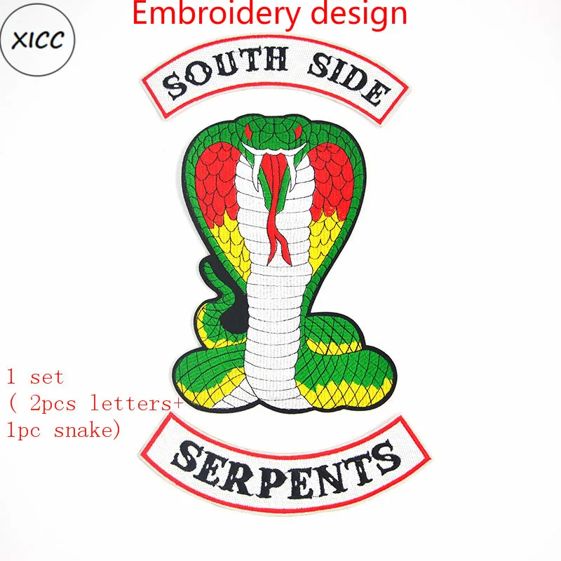 Большой Размеры ривердейл "South Side serpents" утюг на патчи для Костюмы, с рисунком героев из мультфильмов, два головой кобры вышитые наклейки аппликация - Цвет: 1set (3pcs)-3