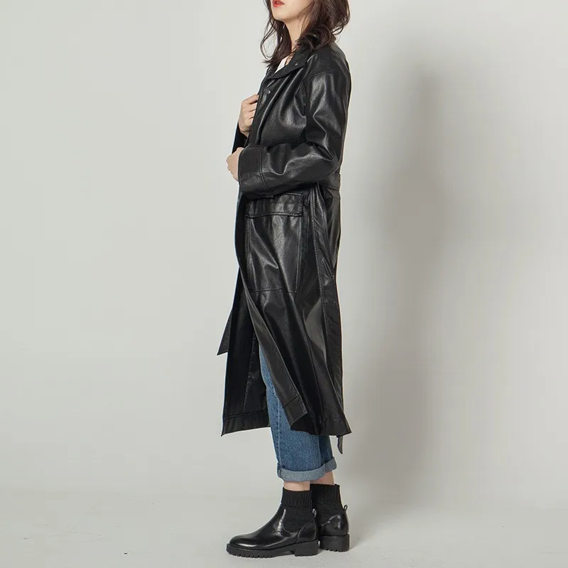 

Designer New Fashion Womens PU Leather Long British Adjustable Waist Single Breasted Slim Pockets Female Trench Coats