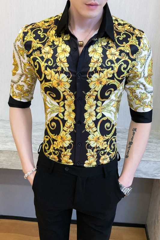 

Gold Printed Shirts For Mens Baroque Shirts Luxury Party Dress Shirts Mens Fashion Royal Court Clothing Mens Social Club Outfits