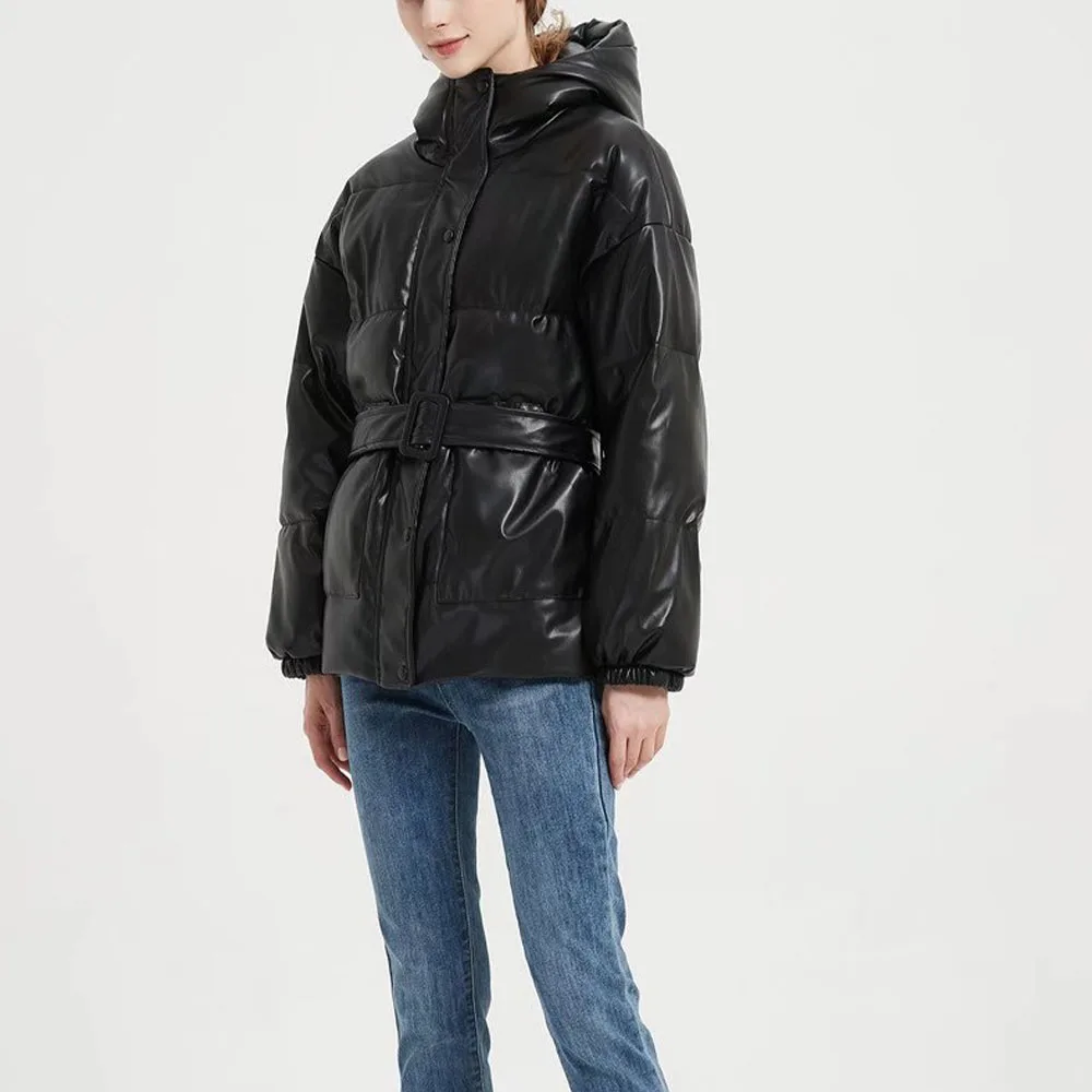 

2021 Za Women Winter Fashion Leather With belt Winter Thick Warm Parkas Coat Vintage Long Sleeve Hooded Female Outerwear Tops