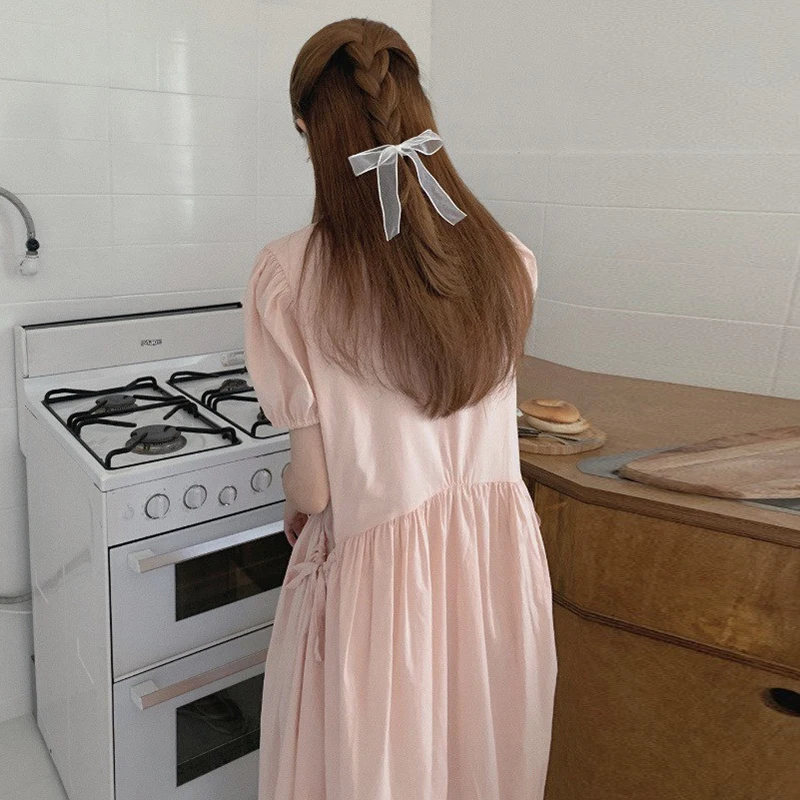 

Korean Chic Cute Youth-Looking round Neck Drawstring Large Pocket Design Loose Mid-Length Puff Sleeve Dress Women