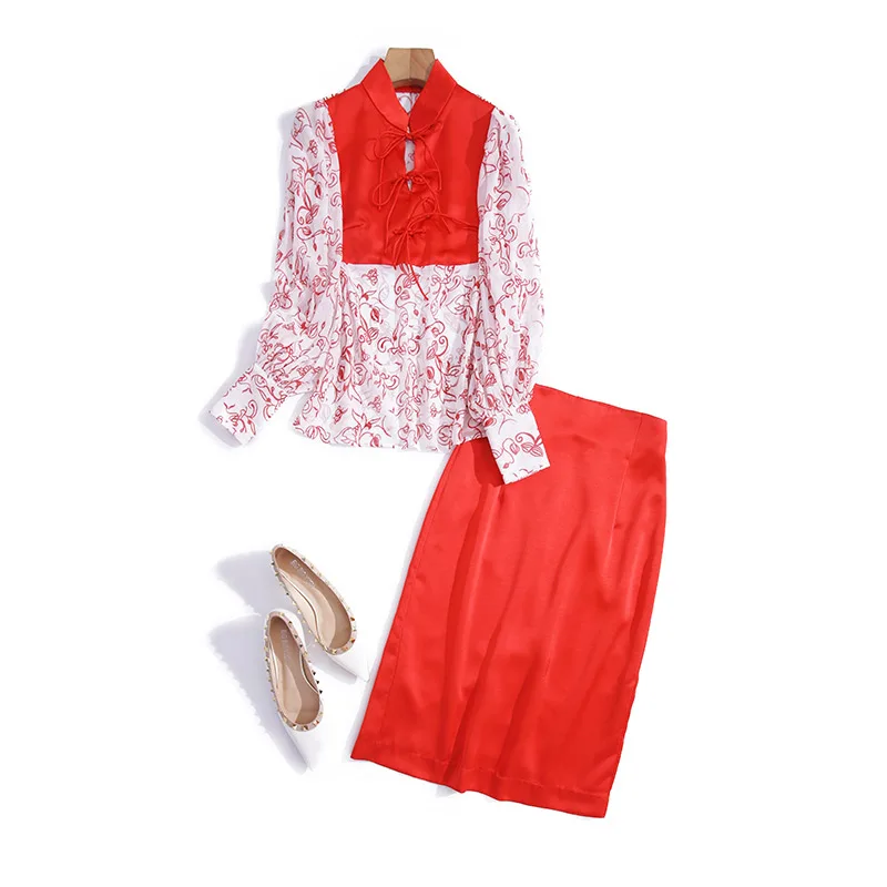 

Spring 2021 new women's Chinese knot favors printing jacket + closed pockets hip skirt socialite two-piece outfit