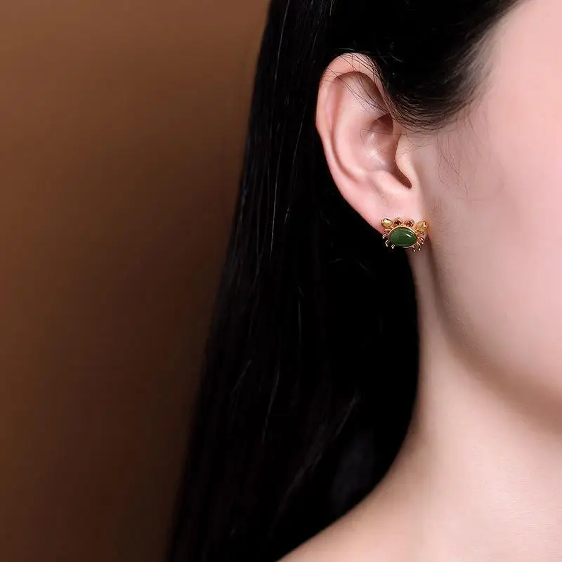 

Original S925 Sterling Silver Gold Hetian Jade Classical Creativity High-End and Cute Crab Ladies Ear Studs Earrings