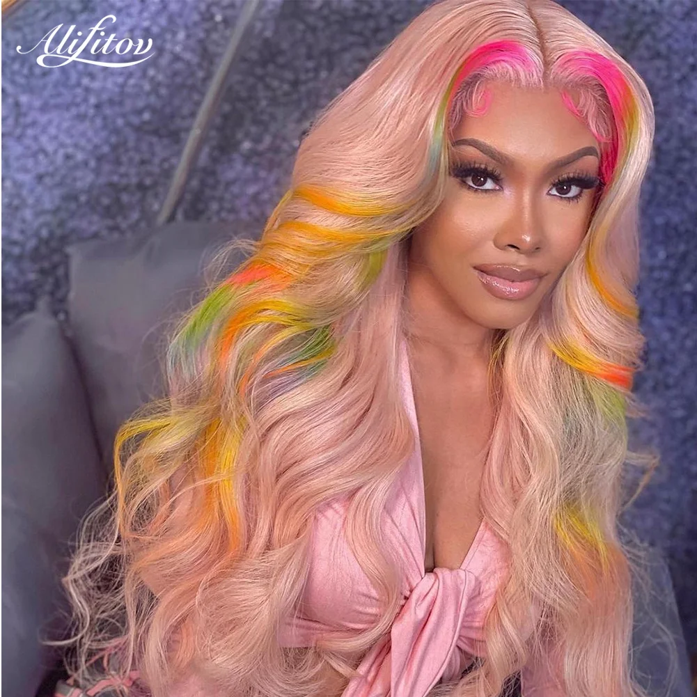 ALIFITOV-Peluca de cabello humano ondulado para mujer, postizo de encaje Frontal de Color arcoíris, pelucas con minimechones transparentes