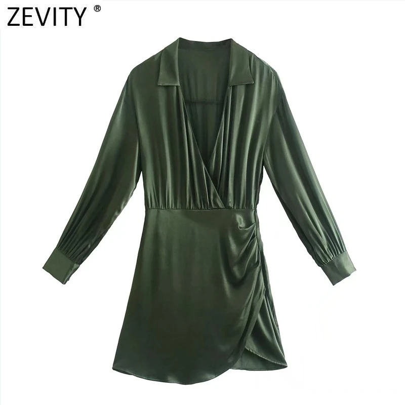 

ZEVITY Women Cross V Neck Hem Pleats Solid A Line Satin Dress Office Lady Chic Long Sleeve Side Zipper Slim Mini Vestidos DS8956