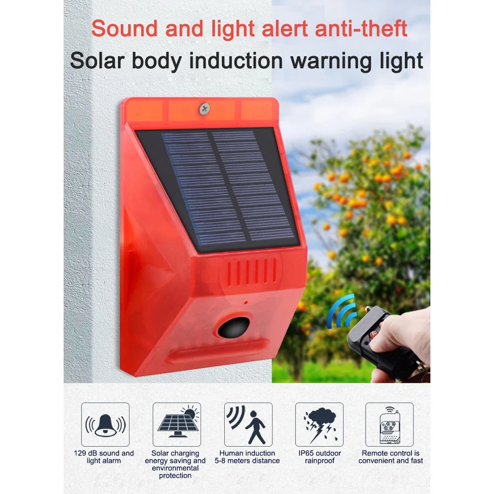 

Solar Alarm Lamp Remote Control Security Alarm Motion Sensor Alarm Siren PIR Motion Sensor Detector for Home Yard Outdoor