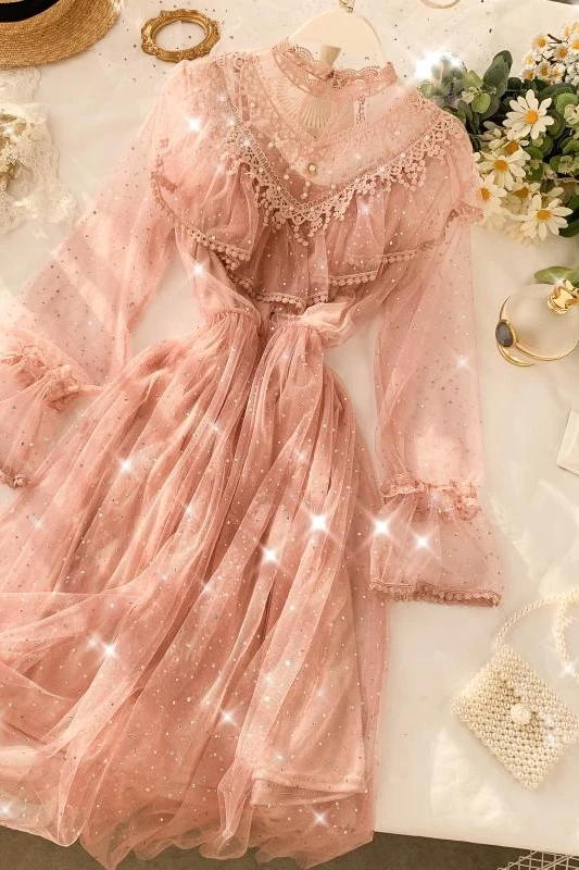 

Bohemian French Lace Dress Fairy Sweet Ruffled Sequined Beaded Mesh Spliced Long Sequins Skirt A-Line Dress Vestidos Verano 2020