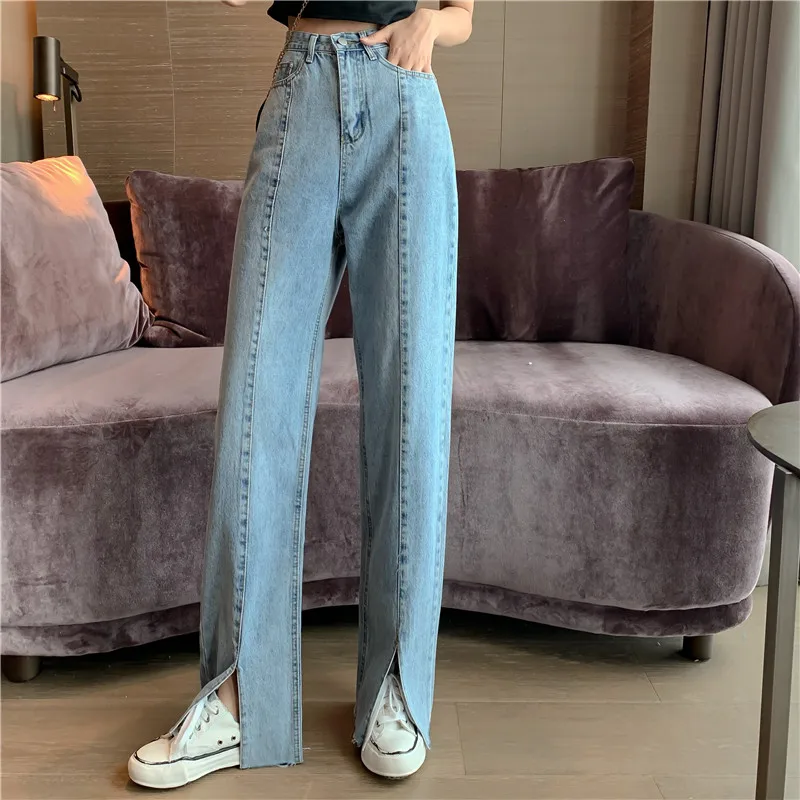 

Интернет штаны как у знаменитостей Для женщин Элегантный шик спереди джинсы с разрезом корейско-Стиль Высокая Талия для похудения свободны...