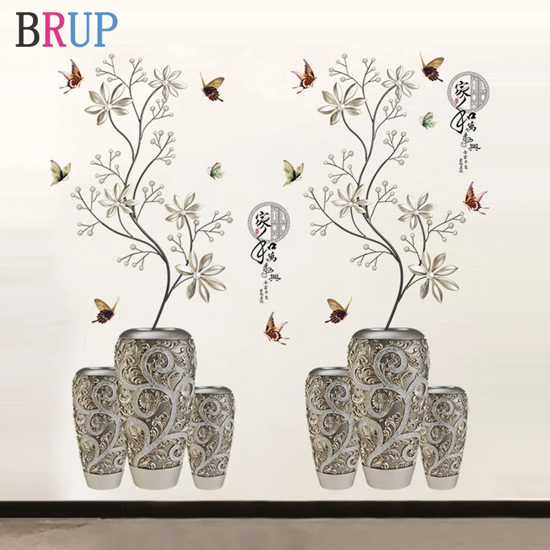 58*118cm Silver Vase Flower Wall Stickers Art Butterfly Tree Home Decor Vinyl DIY Decals Potted Plant Rooms Decoration | Дом и сад