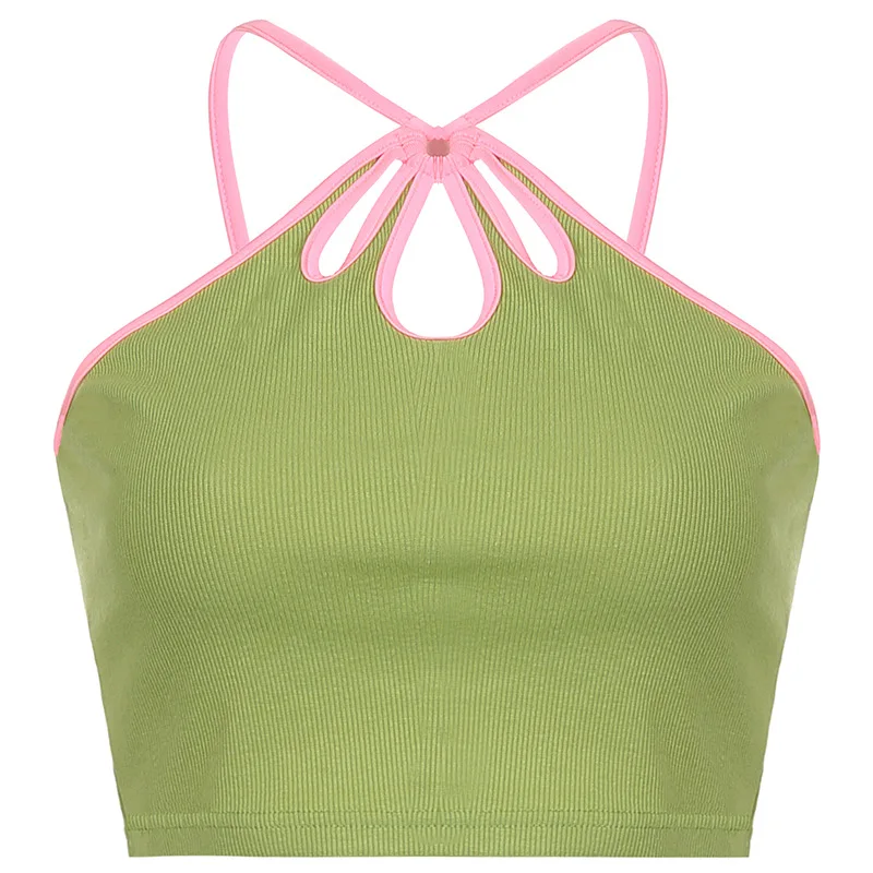 

WeiYao 2021 Women's Y2K Hollow Out Tank Tops Young Style Halter Vest Sleeveless Sling Crop Sexy Cute Sweet Girls Ladies Camis