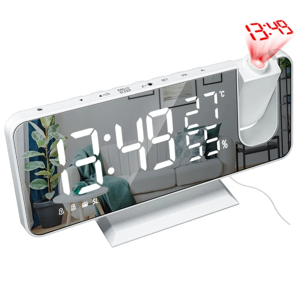 

New LED Digital Alarm Clock Brightness Adjustable Desktop Electronic Clocks Projector FM Radio Wake Up Clock Snooze Function
