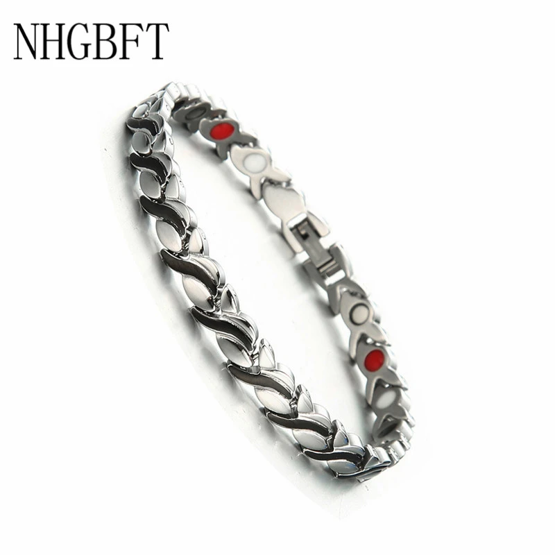 

NHGBFT Black Color Stainless steel Magnetic Bracelet Women Mens Leaf shape Motion Healthy Bracelet