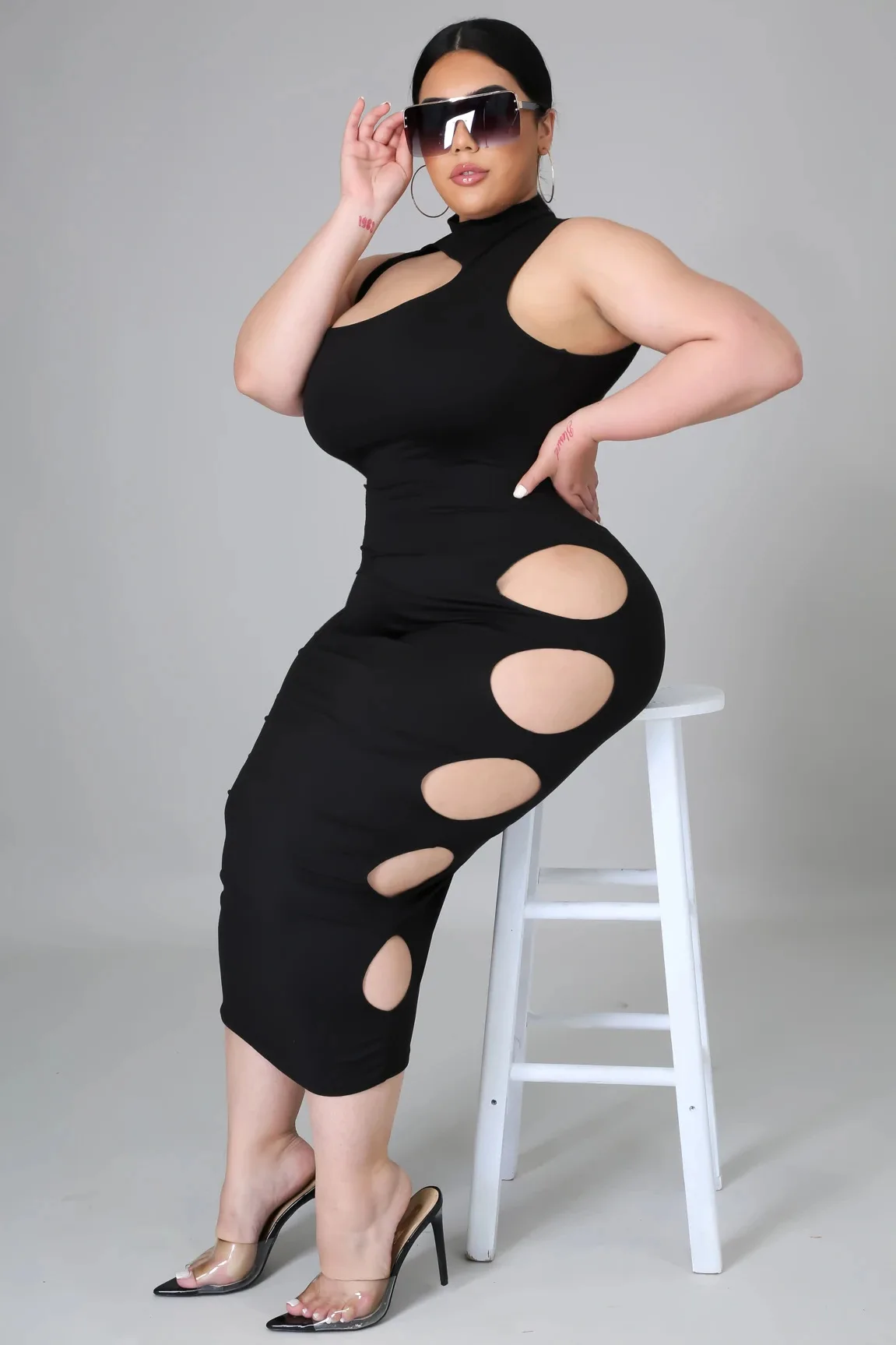 

2021 Summer Dress Plus Size Women's Broken Hole Temperament Irregular High Waist Black Solid Color Slim Sexy Fashion Vestidos