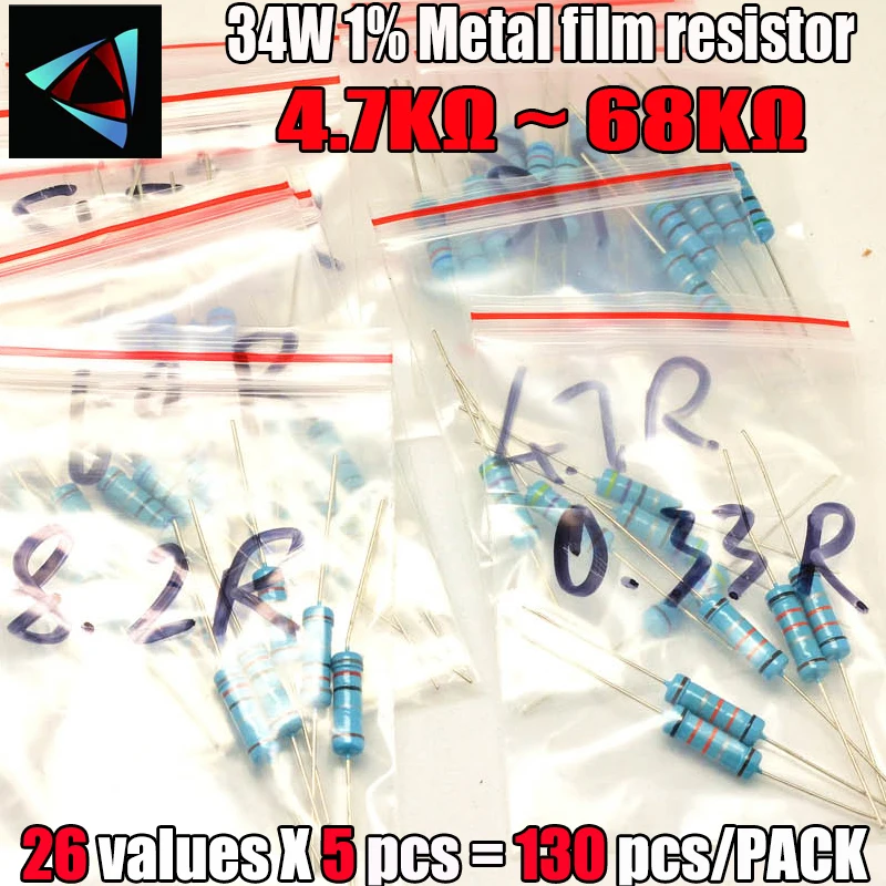 130Pcs 4.7K-68K Ohm 3W 1% 26valuesX5pcs Metal Film ResistorAssorted Kit Sample Bag Set