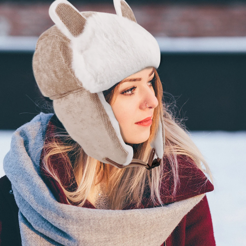

Cute Cat Ears Bomber Hat Female Korean Autumn Winter Cycling Windproof Earmuff Hat Winter Cold Warm Beanie Hat with Mask