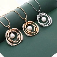 big round pearl crystal pendant necklace beauty accessories rose gold color long chain necklace for female party jewelry gifts