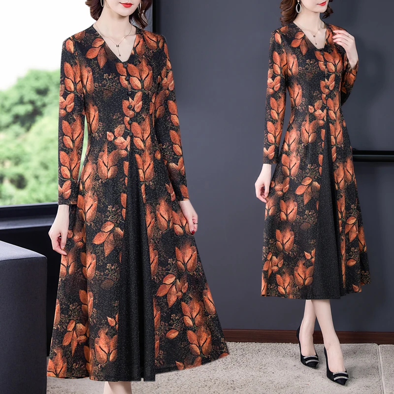 

COIGARSAM Women Dress Autumn 2021 New Office Lady National Wind Print Long Sleeve Loose Zipper V-Neck Dresses Traf Robe