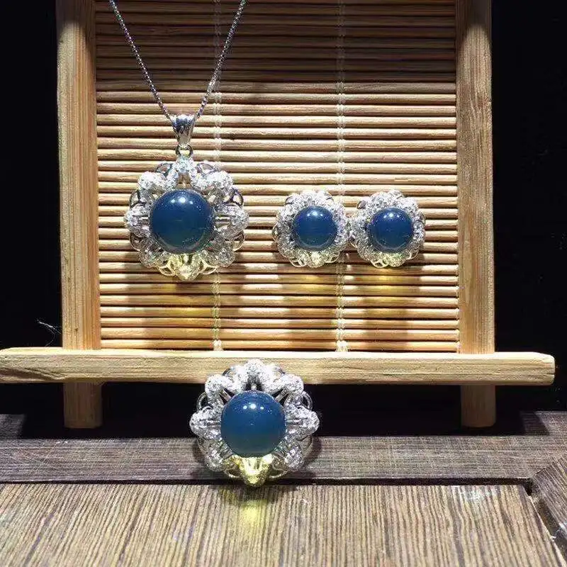 

Koraba Blue Amber Ring Pendant for Women Earrings Wedding Jewellery Bridal Jewelry 925 Sterling Silver Jewlery Sets