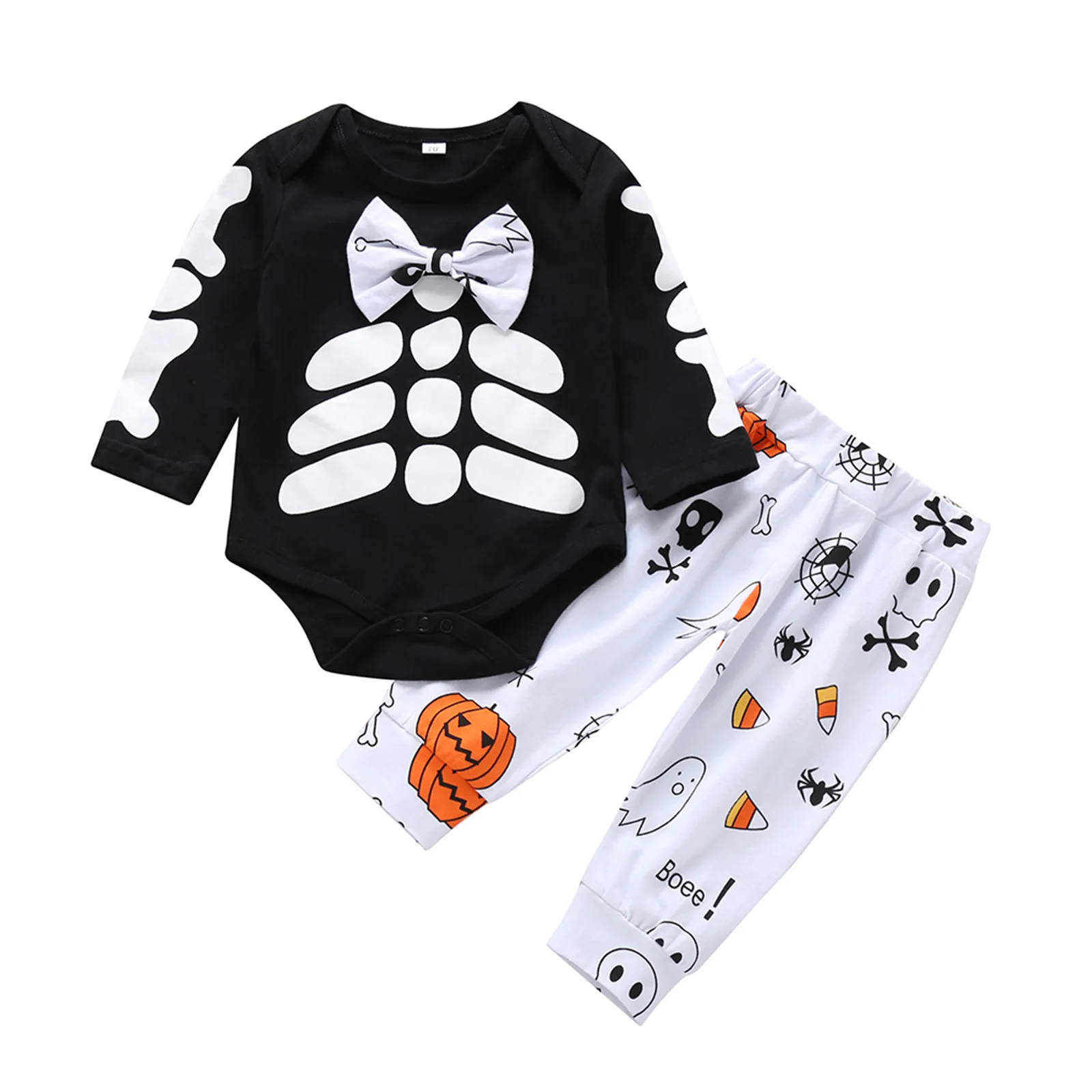 

Babies Halloween Two-piece Autumn Cotton Clothes Casual Set Black Long Sleeve Bodysuit and Printed Pattern Trousers