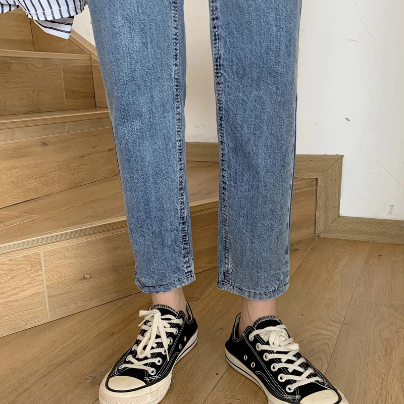 

Harem Jeans Women Retro Blue Denim Simple Trendy Preppy Teens High Waist Trouser Vintage All-match Soft Femme Ankle-Length Jean