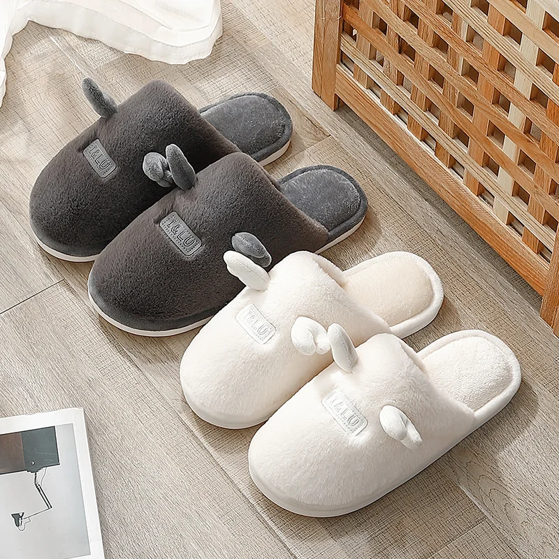 

Couples Winter Warm Home Fur Cotton Slippers Bedroom Indoor Cartoon Deer Animal Non-slip Soft Women Men Furry Slippers