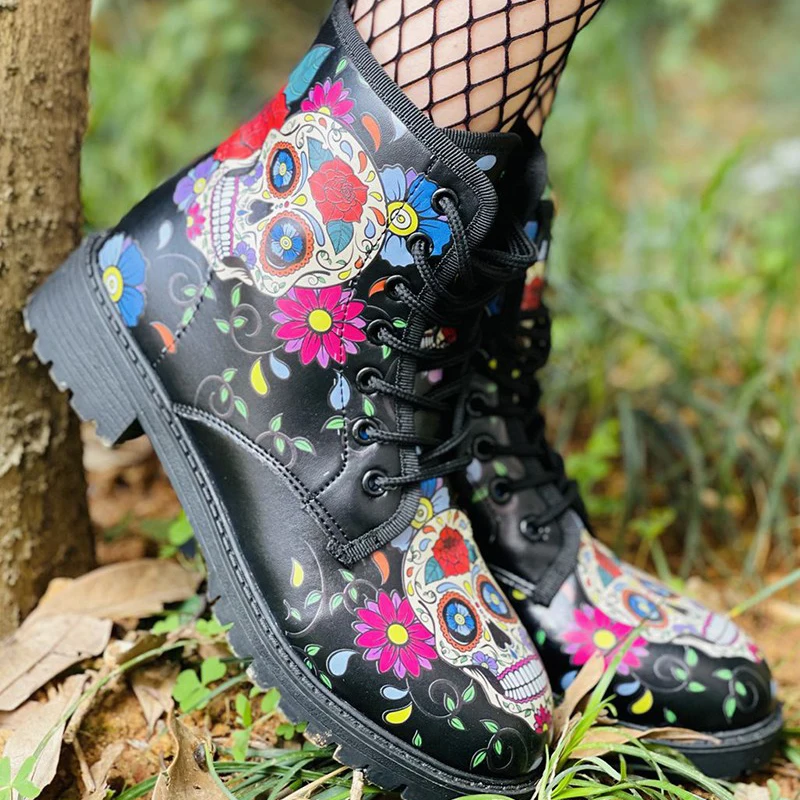 

Женские ботинки с высоким верхом и принтом черепа и цветов, женские ботинки в стиле ретро на низком каблуке из искусственной кожи, модная же...