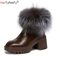 russia forst winter snow boots women with real fox fur cow leather chunky block heel platform ankle booties warm outdoor shoes