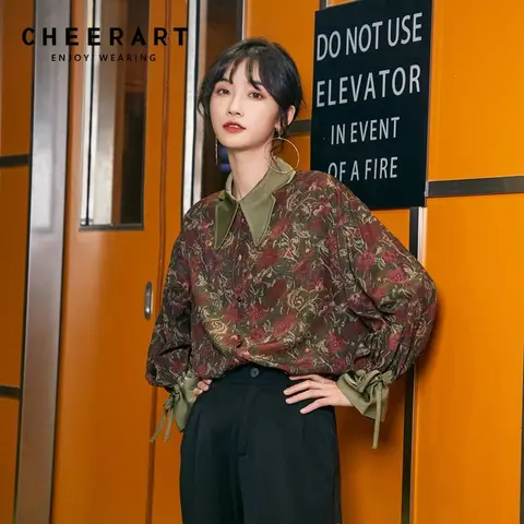 CHEERART Vintage Rose Floral Flare Sleeve Button Up Shirt For Women Long Sleeve Blouse Designer Top Collared Shirt Autumn