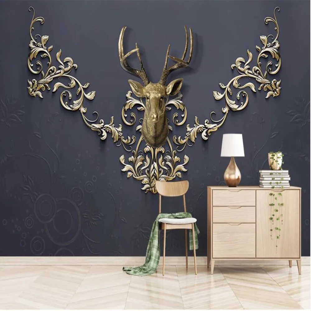 

milofi custom large wallpaper mural 3D pattern embossed lace modern gold deer head background wallpaper mural