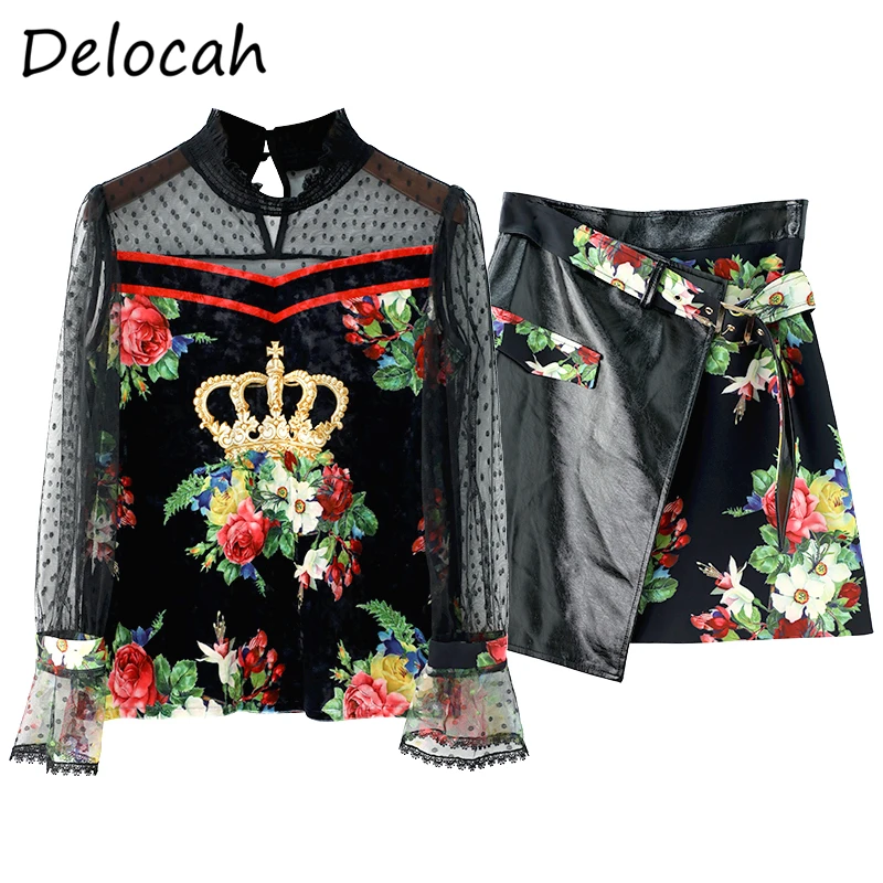 

Delocah Women Summer Fashion Designer Skirt Set Flare Sleeve Printed Loose Mesh Tops + High Waist Skirt 2 TwoPiecesSuits 2021