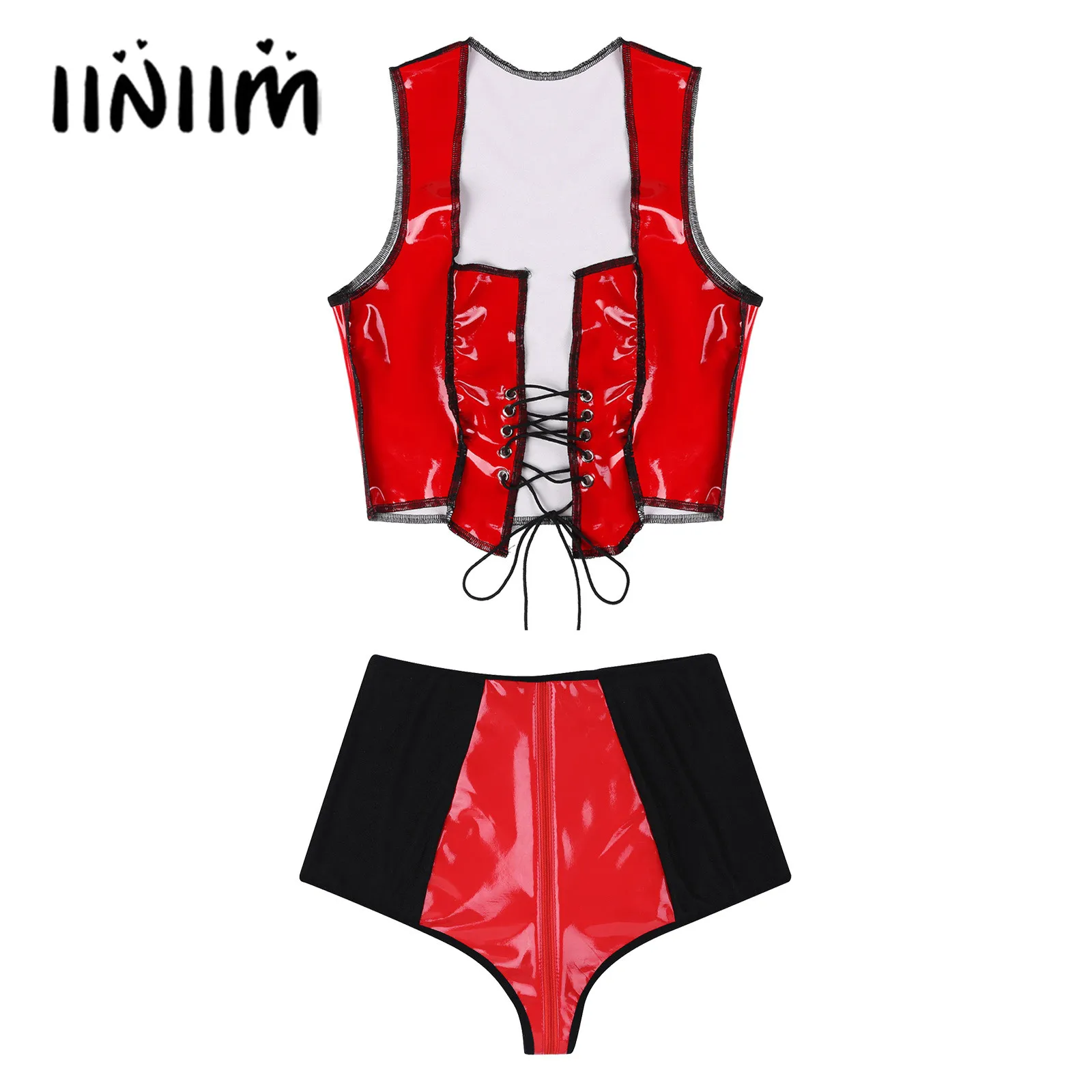 

Женский комплект из 2 предметов, короткий топ без рукавов из искусственной кожи со шнуровкой спереди и завышенной талией, нижнее белье с молнией и промежностью