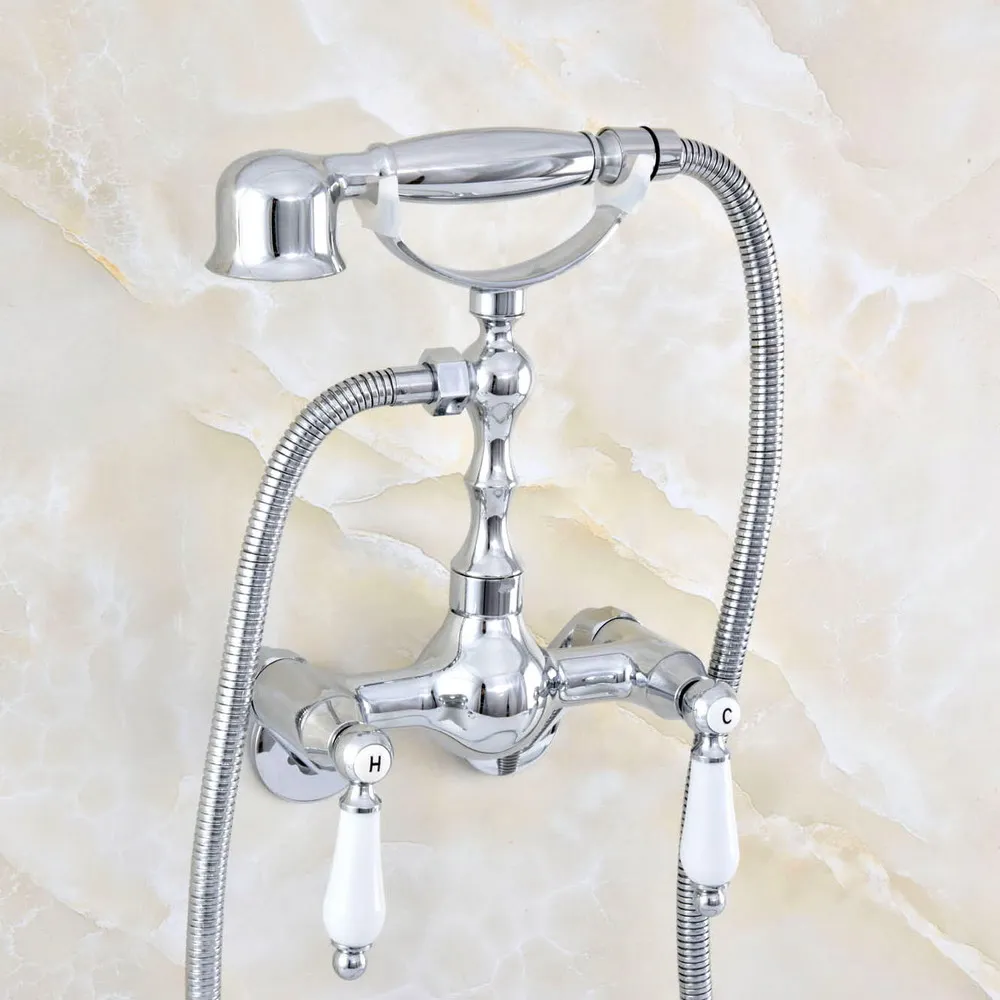 

Contemporary Chrome Brass Adjusts From 3-3/8" Wall Mounted Bathtub Faucet with Handheld Shower Set +150CM Hose Mixer Tap 2qg426