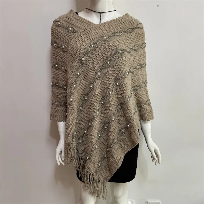 

2021Autumn Winter Sweater Pullover Women V Neck Batwing Stripes Fringed Beaded Stitching Irregular Top Poncho Shawl Cape Sweater