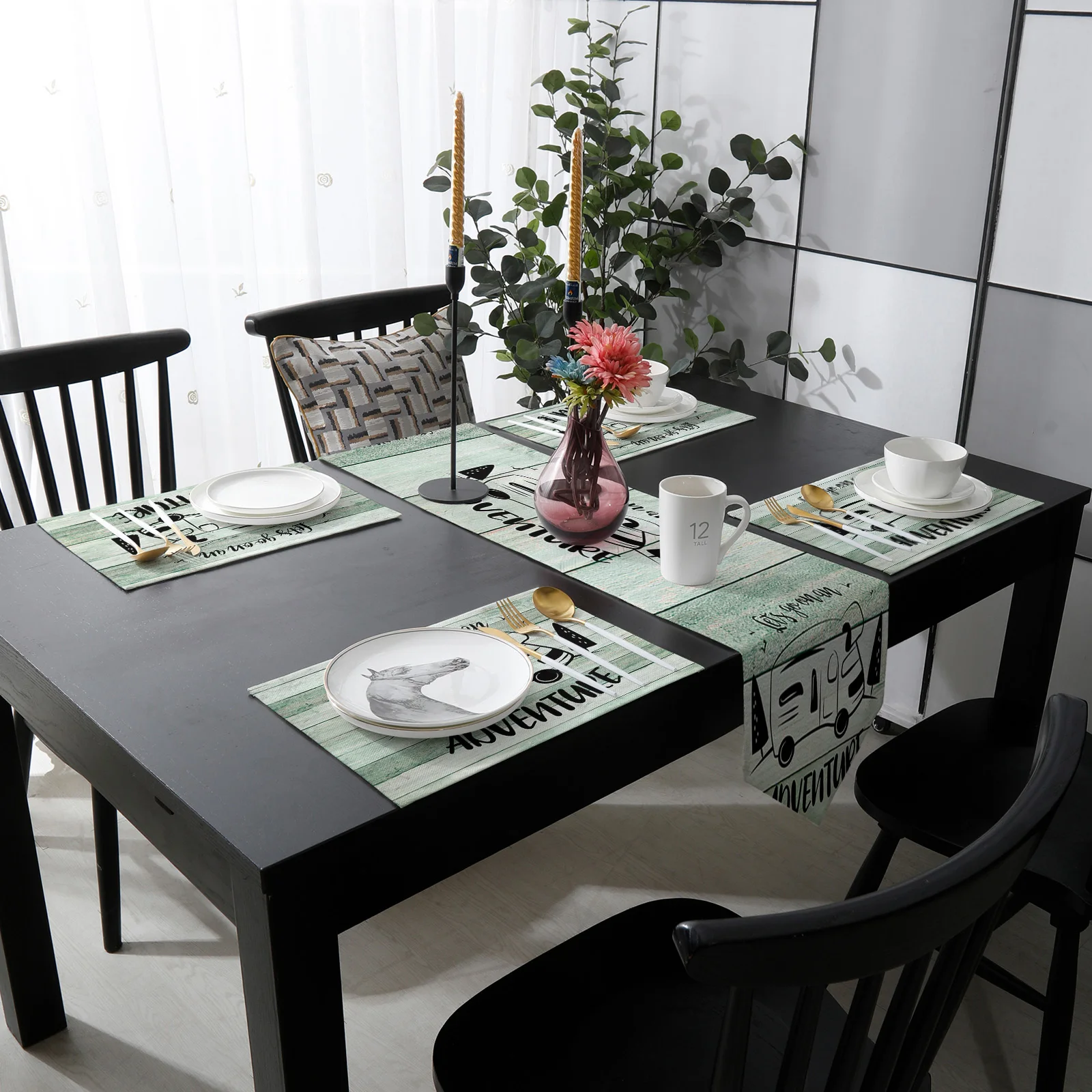 Настольная дорожка и подстилка в стиле ретро с зеленой текстурой древесины для