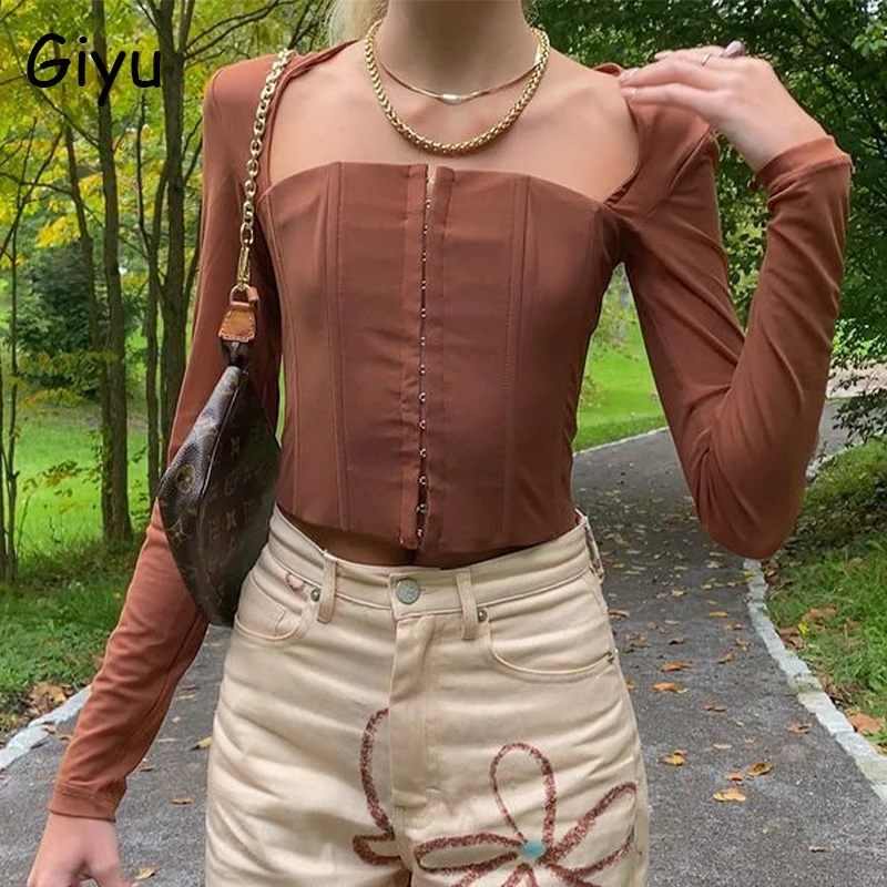 

Giyu Mesh Women's Blouses Autumn 2021 Elegant Slim Long Sleeve Top Femme Sexy Square Neck Blusas Casual Solid Feminine Clothes