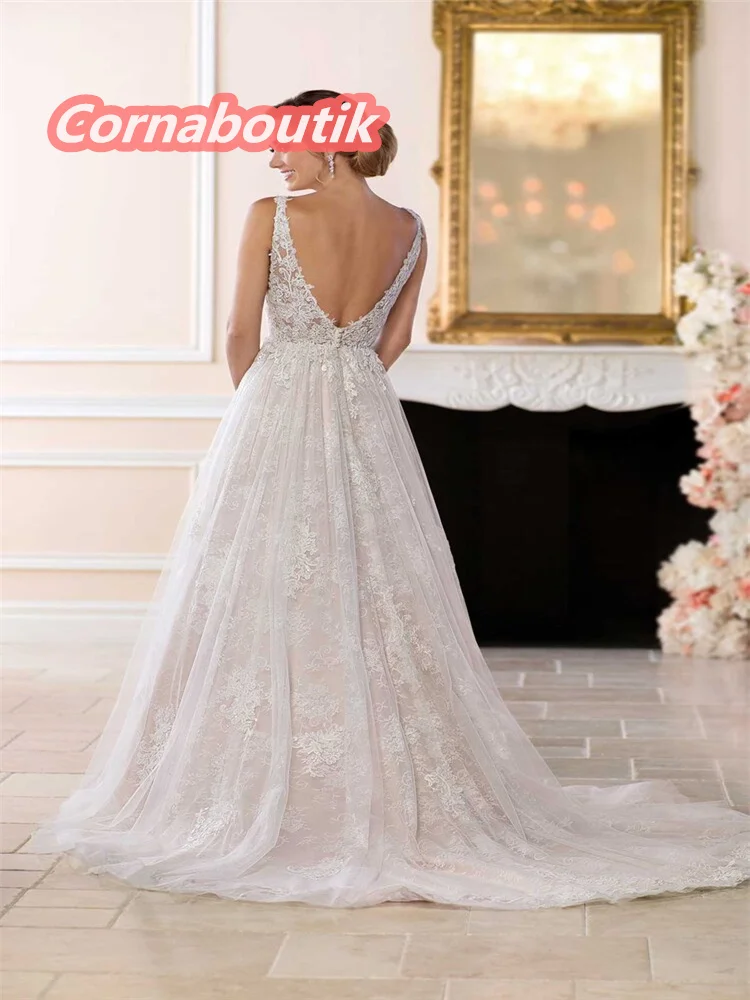 

Sleek Chic Wedding Dress Robe De Mariage Vintage V Neck Lace Bodice Appliques V Back Tulle Bridal Gown Suknia Slubna Casamento