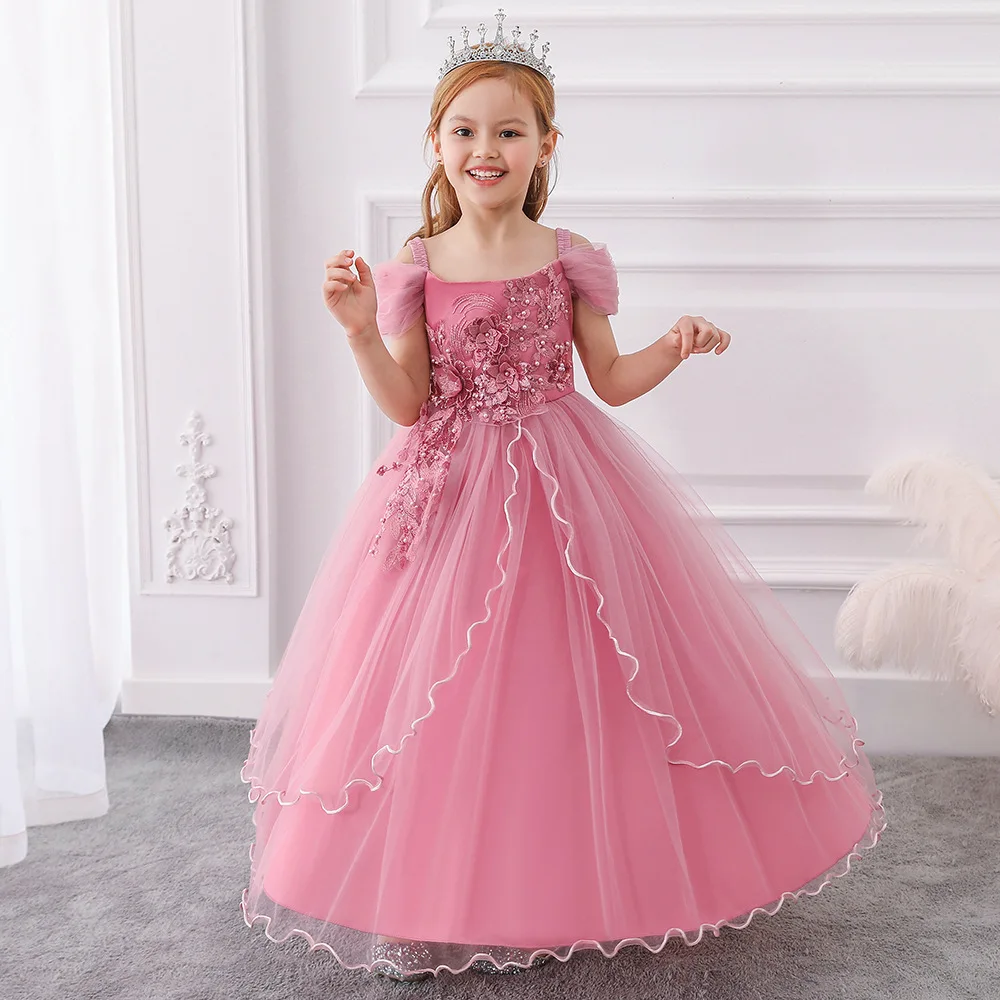 

New Fashion Girls Dress Flower Long Evening Dress Short Sleeve Princess Dresses Show Host Performance Children Clothes Wholesale