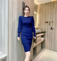 elegant spring autumn knitted dress women long sleeve sweater female office lady solid slim clothes
