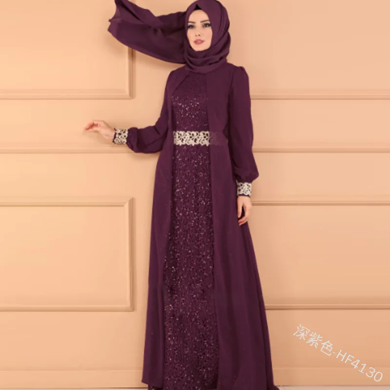 Dark Purple Расшитое блестками мусульманское женское поддельное два платья Инди фолк свободное сплошное полное обычное в пол ампир o-образным вырезом элегантное платье - Цвет: Dark Purple