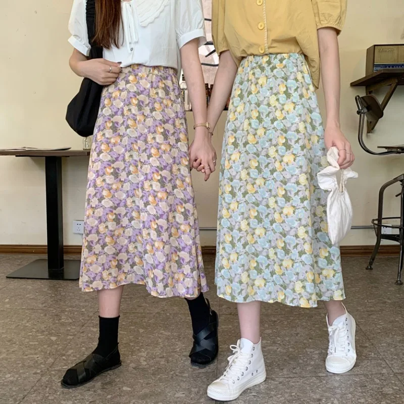 

2020 Women Floral A-line Midi Skirts Female Vintage Side Sweet Preppy Style Skirts Ladies Elegant Chic Skirts Quality
