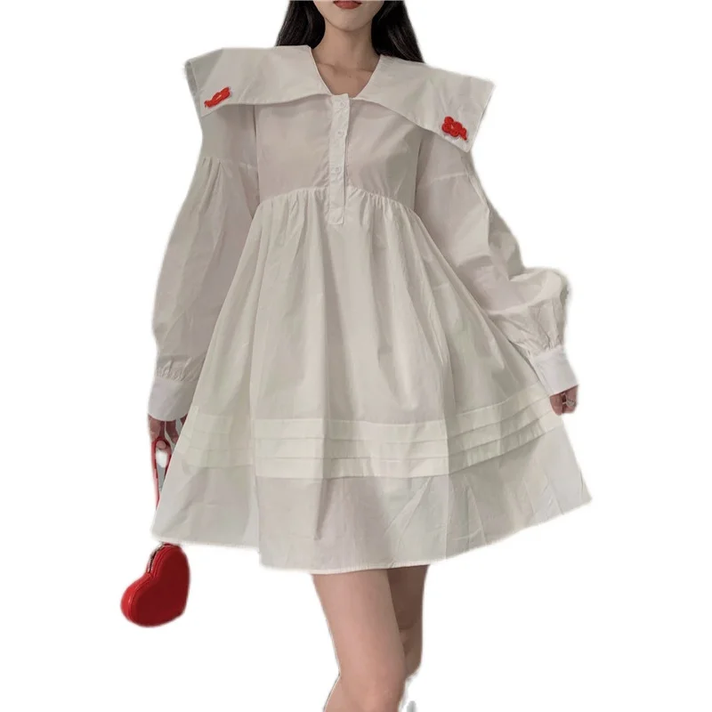 

Vintage Mini dress White Dress 2021 New Autumn flower Shirt Loose lapel doll Dress Long Sleeve High waist female Clothes 63J