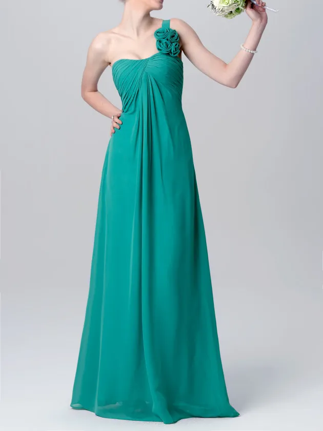 Женское длинное платье подружки невесты зеленое на одно плечо с V образным
